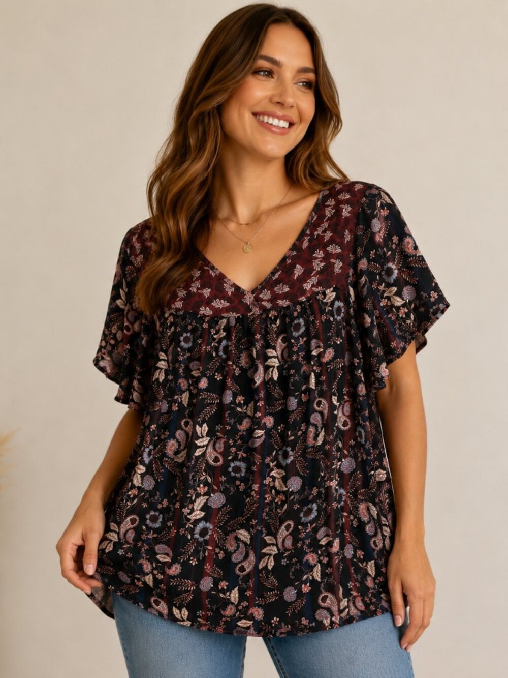 Knox Rose Size M Boho Blouse Top Dark Floral Paisley Chiffon Flowy Navy Summer